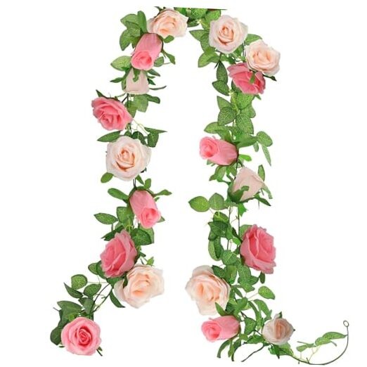 2Pack Artificial Rose Flower Garland 6.5FT Fake Rose Vine Peach Deep Pink