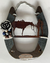 Western Wedding Metal Horseshoe Blue Denim Cowboy Couple Ringbearer/Wallhanging