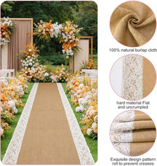 15 Ft X 36 in Natural Burlap Wedding Aisle Runner, Rustic Jute Weddings Runway C