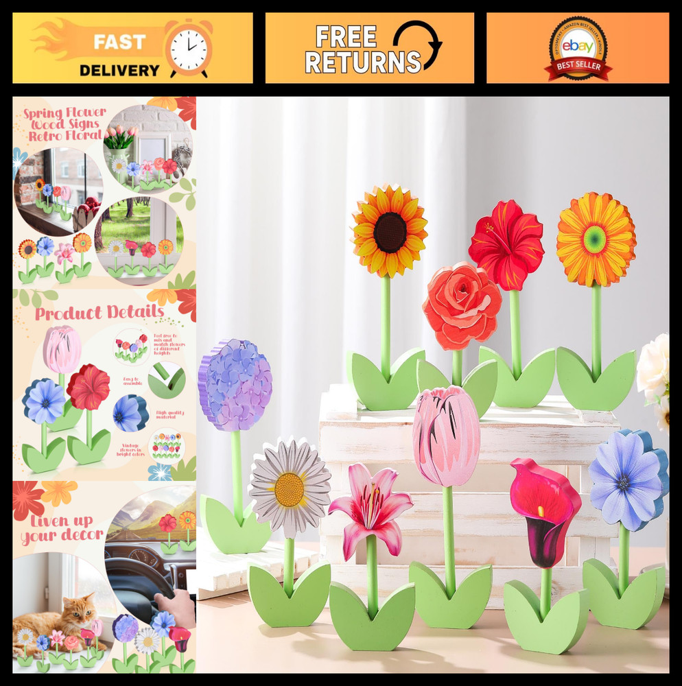 10 Pack Spring Wooden Flower Decor – Tulips & Daisies Centerpiece Signs for Home
