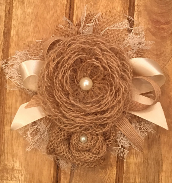 Rustic Wedding Jute Burlap Ivory Corsage Garter Headband Baby Shower Shabby Chic