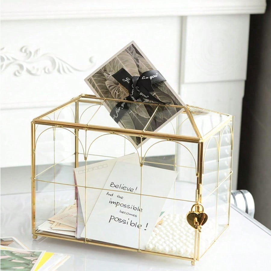 Gold Glass Wedding Card Box With Slot Lockable For Reception Baby Shower Graduat