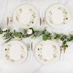 25 White Sage Green Dinner Paper Plates with Floral Lined Rim Decorations