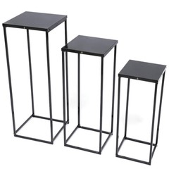 3Pc Black Metal Square Plant Stands Set Tiered Display 20×20×50–26×26×70 cm