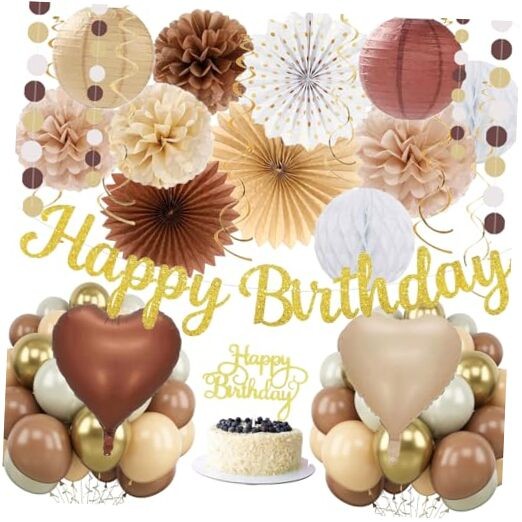 Boho Brown White Birthday Decorations – 62pcs Happy White Brown Champagne