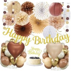 Boho Brown White Birthday Decorations – 62pcs Happy White Brown Champagne
