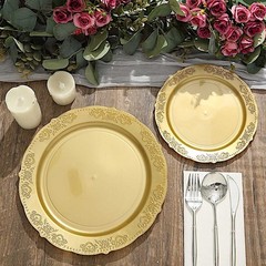 10 Gold Round 10″ Salad Plates Gold Trim Party Wedding Catering Disposable Home