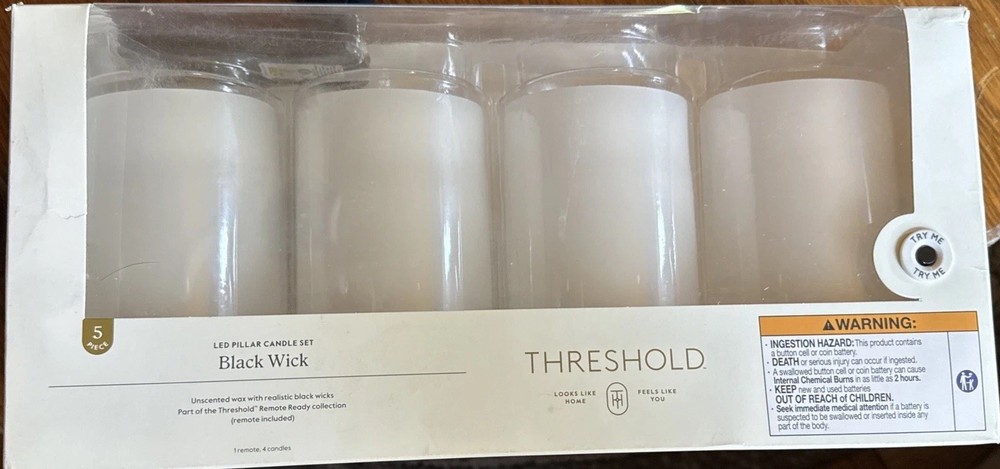 4pc Threshold 5″ x 3″ LED Flameless White Pillar Candles & Remote