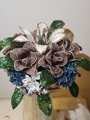Beaded Flower Wedding Bridal Bouquet W/White Blue Purple Handmade Flowers