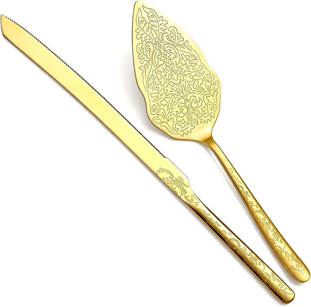 Berglander Gold Wedding Cake Knife and Server Set, Titanium Gold Plating with Un