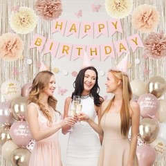 Boho Dusty Birthday Decorations for Women Girls, Blush Beige Gold Metallic Pink