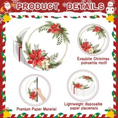 50 Pcs Christmas Paper Placemats Disposable Christmas Poinsettia & Pine Wreath