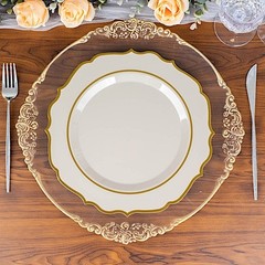 10.5″ Taupe Round Dinner Plates With Gold Scalloped Rim Wedding Tableware