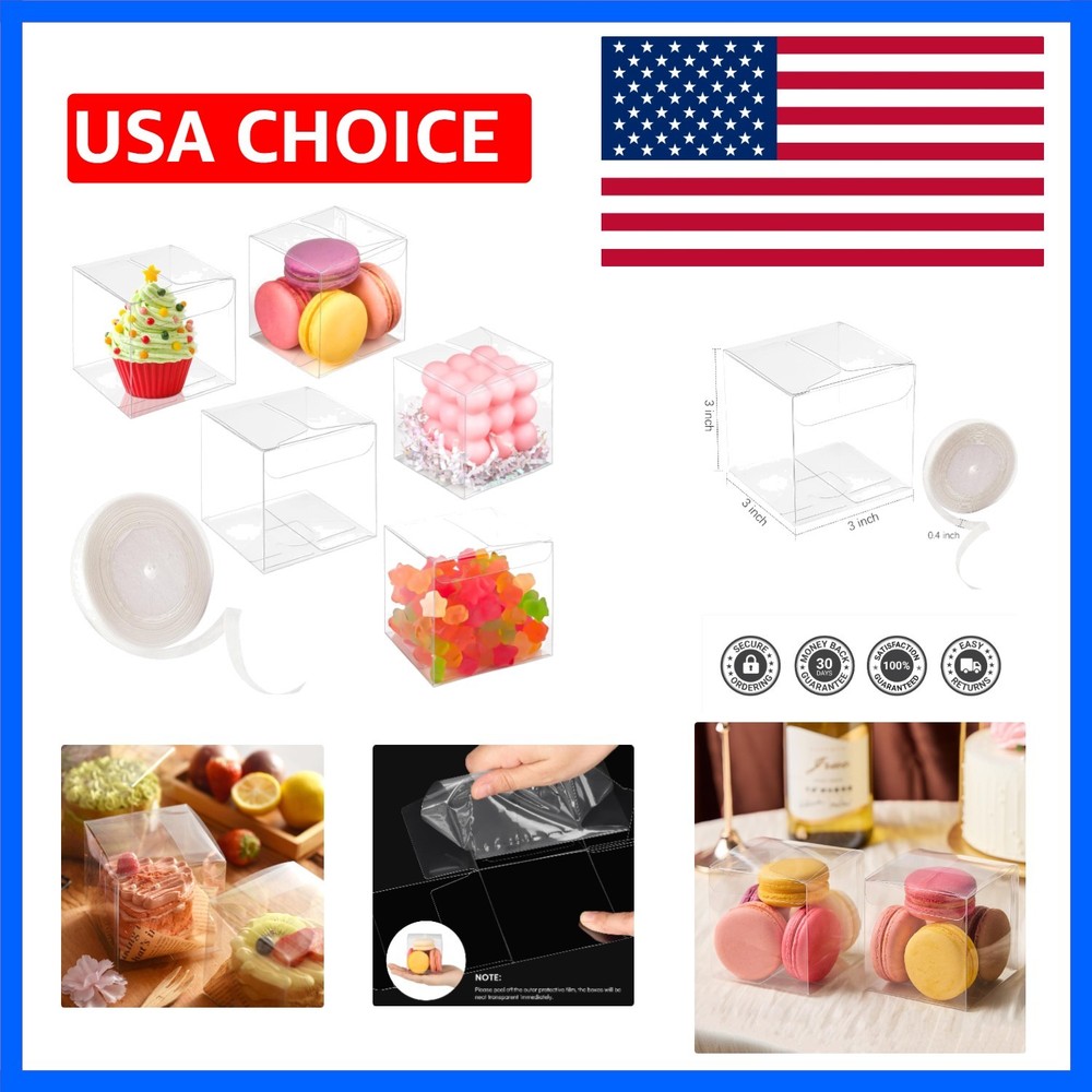 45 Pack 3x3x3 Inches Clear Favor Boxes with Ribbons, Transparent Plastic Cube…