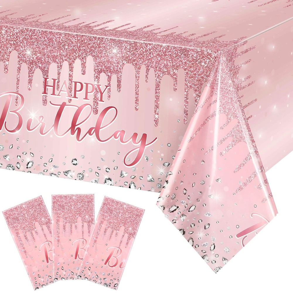 Pajean 3 Pcs Tablecloths Glitter Diamond Table 54″ x 108″, Pink and Rose Gold