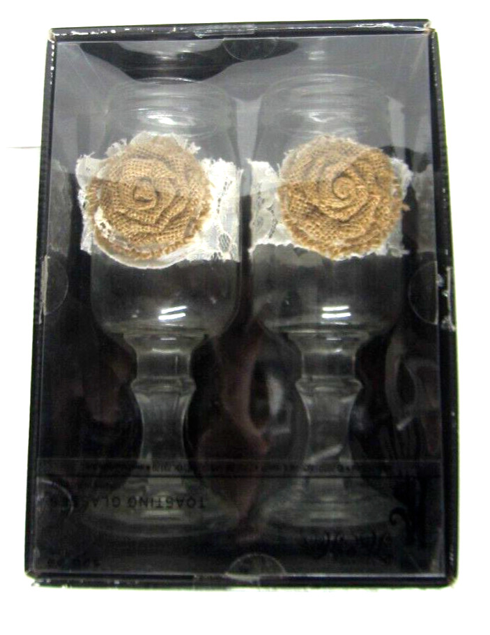 His and Hers 2010 Hobby Lobby Wedding Toasting Glasses with Tan Floral Band