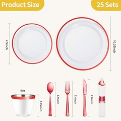 175 Piece Plastic Dinnerware Set for Party, Clear 175 Piece (25 guests) Red