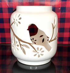 Vintage Pierced Ceramic Tealight Candle Holder Cutout Bird Branch Leaves Decor