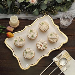 WHITE 10 Rectangle 14″ Paper SERVING TRAYS Scroll Design Gold Rim Party Events