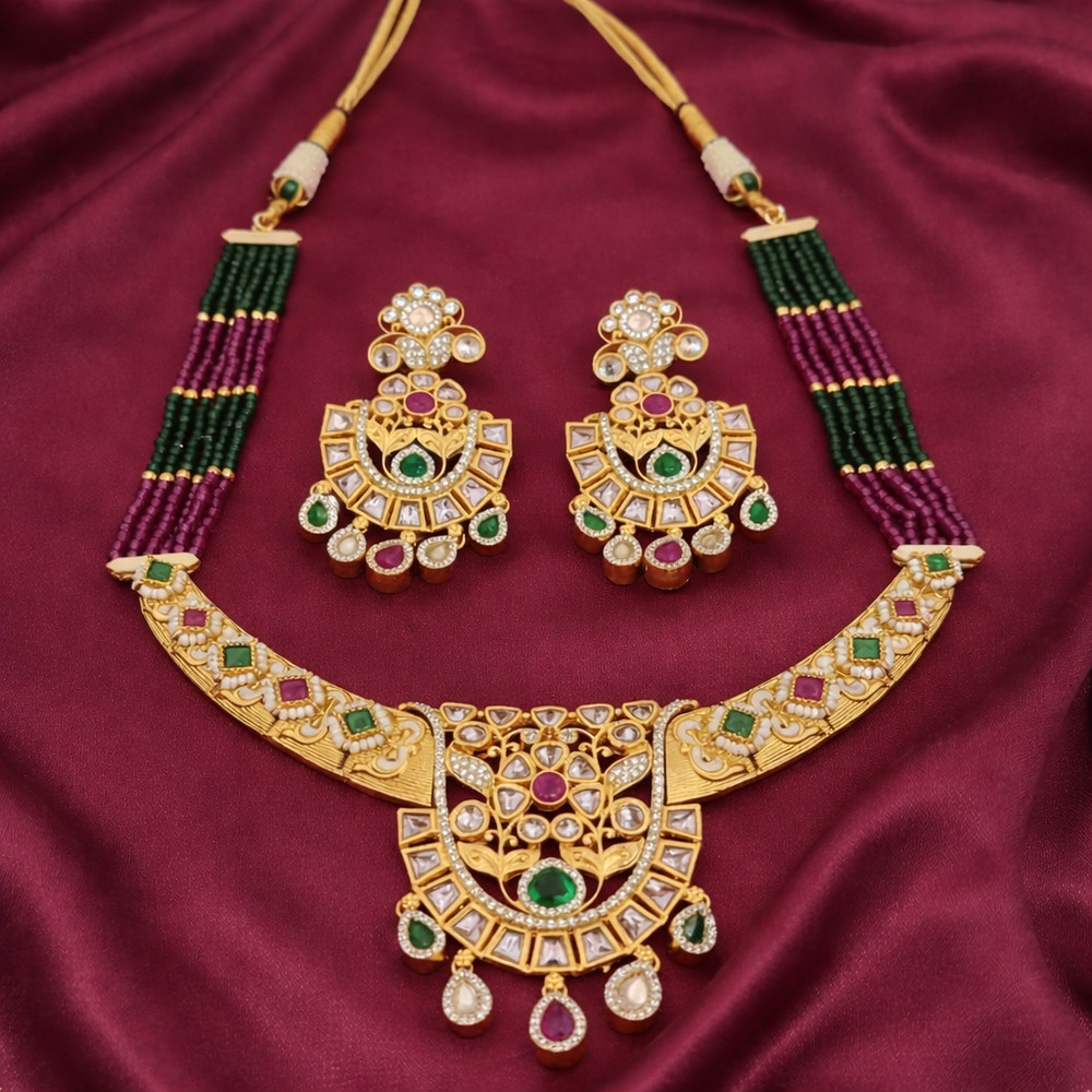 Indian Kundan Necklace Set Gold Plated Green Maroon Bridal Earrings