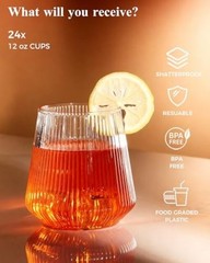 48 Pack Disposable Ribbed Origami Ripple Plastic Glasses Set – 24 Clear48Pack