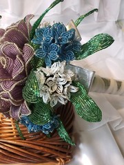 Beaded Flower Wedding Bridal Bouquet W/White Blue Purple Handmade Flowers