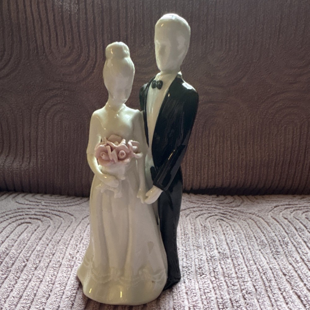 Ceramic Bride Groom Wedding Cake Topper Figurine White Black Pink Romantic