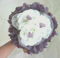 Wedding Bride Bridesmaid Bouquet Silk Dark Hydrangea Off White Roses NEW ON SALE