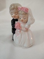Wedding cake topper Bride & Groom Black Tux White Dress Pink Flowers & Bow…