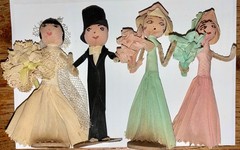 1920/30’s Wedding Party 5”Crepe Paper/Wire Cake Toppers Bride, Groom, Attendants