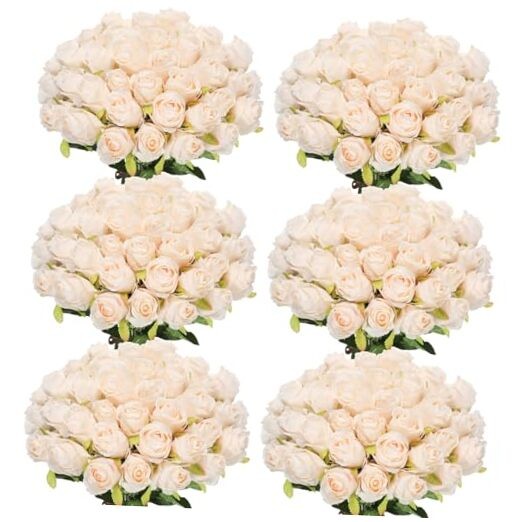 50 Pcs Artificial Rose Flower Bulk Realistic Silk Fake Roses Beige Champagne