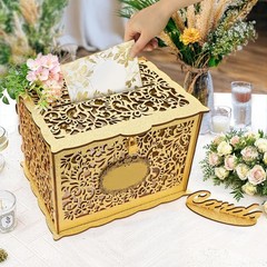 Wooden Gift Card Box for Weddings with Lift-off Lid and Glittery Gold Finish