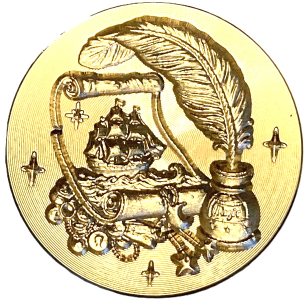 Treasure Hunt 1.2″ diameter 3D wax seal stamp head, Ship, Quill Pen, Coins!