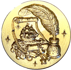 Treasure Hunt 1.2″ diameter 3D wax seal stamp head, Ship, Quill Pen, Coins!