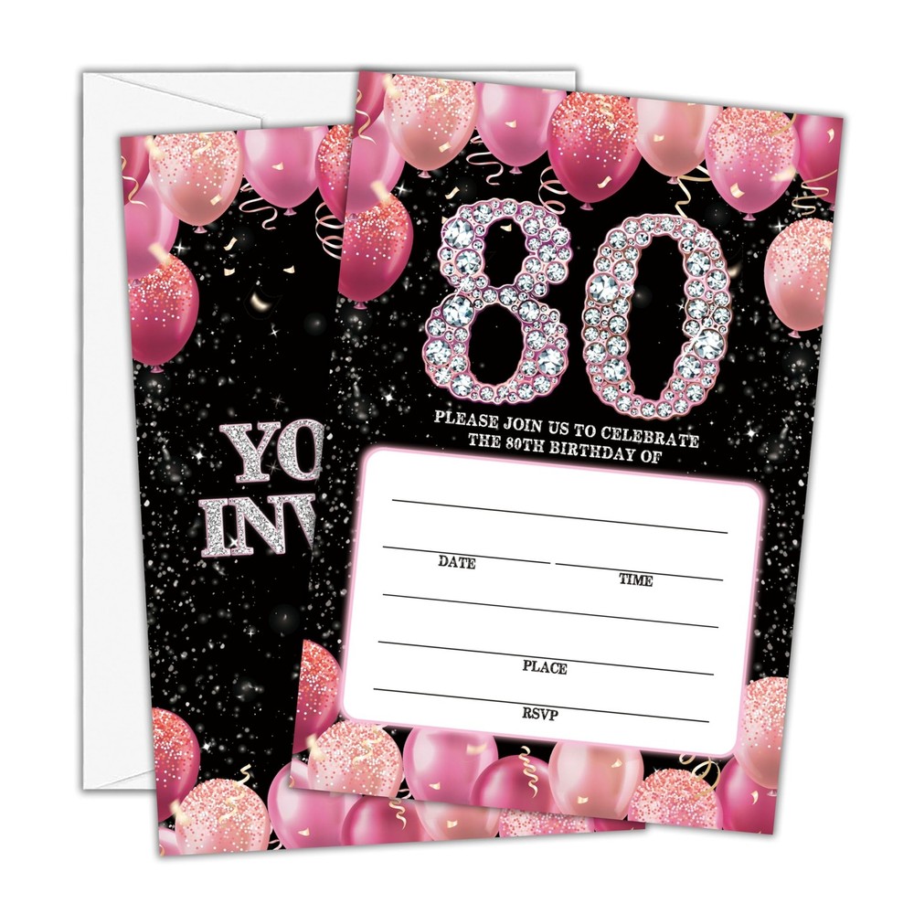 Birthday Invitations for Women Men – Pink 80th Bday Invites with Envelopes(25…