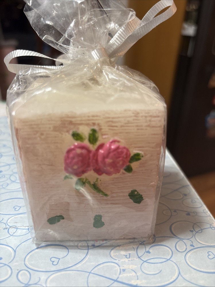 Pink Roses Square Candle Gift Wrapped With White Ribbon Rare Unscented New