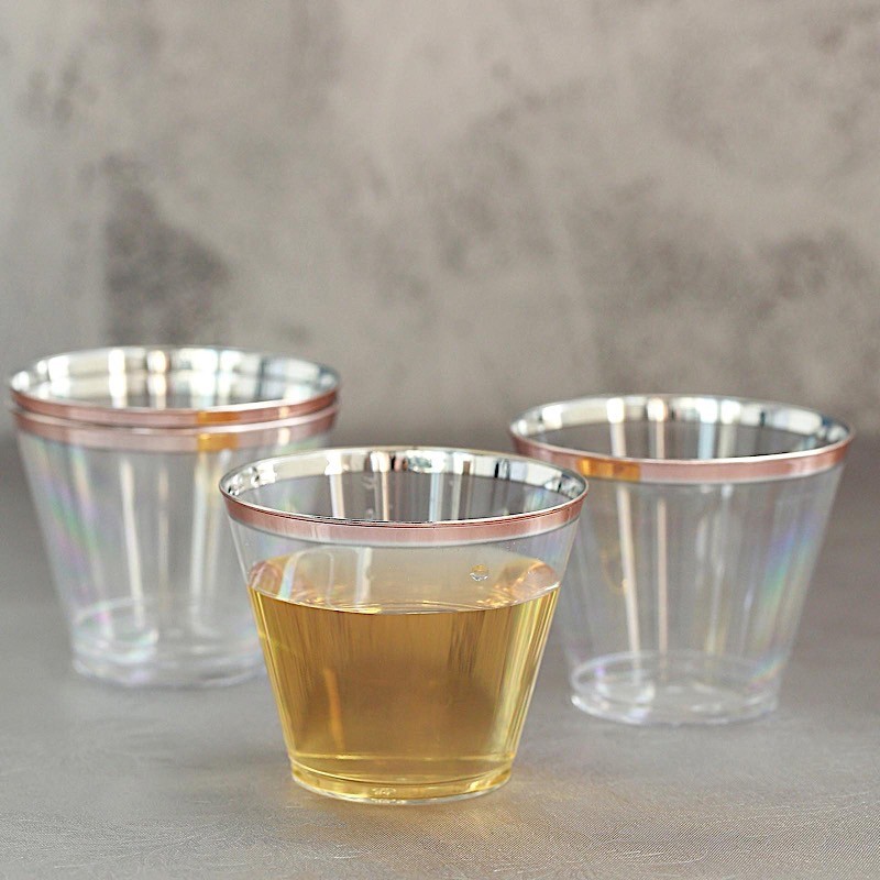 24 pcs 10 oz Clear with Rose Gold Rim Plastic Cups Disposable Tableware Wedding