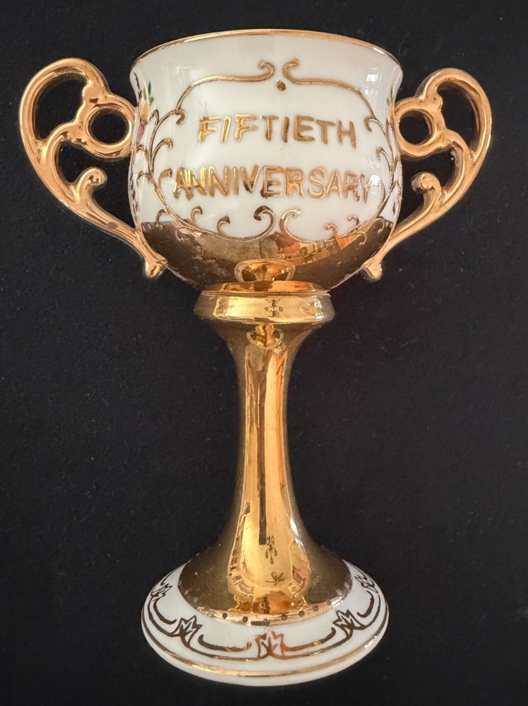 Vintage~50th Anniversary Chalice/Stemmed Cup w/2 Handles~Gold Trim & Flowers
