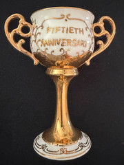 Vintage~50th Anniversary Chalice/Stemmed Cup w/2 Handles~Gold Trim & Flowers