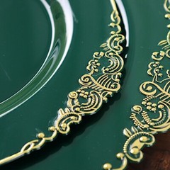 10 HUNTER GREEN GOLD 8″ Round Plastic Salad Dinner PLATES Embossed Baroque Rim