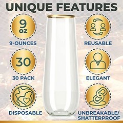 Plastic Stemless Champagne Flutes – Disposable Unbreakable 9 Oz 30 Clear