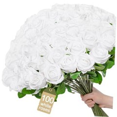 []Pcs Realistic Artificial flowers Roses Bulk, Silk Flowers for 100 White