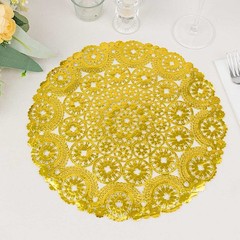 50 Gold Round Disposable Metallic Lace Design Paper Placemats Party Tableware