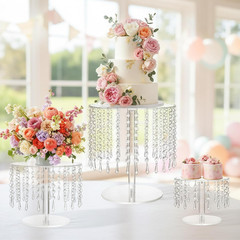 Acrylic Wedding Cake Stand Set – 3 Clear Round Stands with Crystal Pendants
