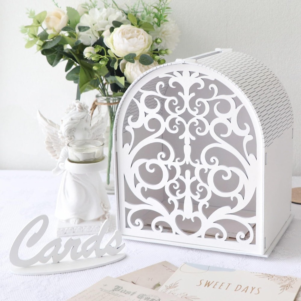 Wooden Gift Box for Reception, White Card Box with Hollow Window, Boho Gift E…