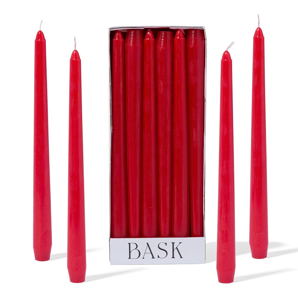 Bask 10-inch Taper Candles – Unscented and Dripless – Burns 10″ – 12Pack, Red