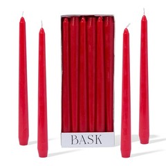 Bask 10-inch Taper Candles – Unscented and Dripless – Burns 10″ – 12Pack, Red