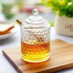 Clear Crystal Honey Pot with Dipper and Lid,Glass Jar Hexagon