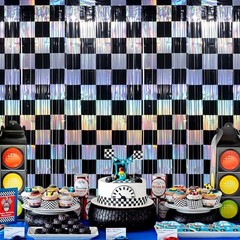 4 Pack 3.3Ft x 6.6Ft Race Car Checkered Foil Fringe Curtain Backdrop Decorati…