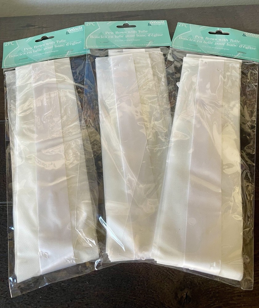 Pew Bows With Tulle White 77″ Lot 3 New 2 PC In Packs Wedding Party Decor